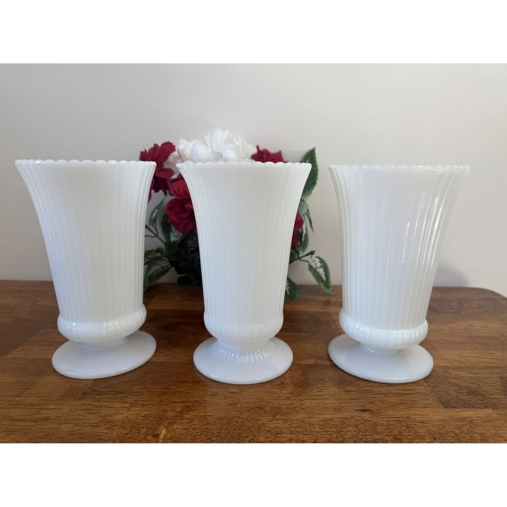 Vintage E.O. Brody Milk‎ Glass Fluted Pedestal Vases Mid-Century White Wedding